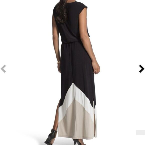 Chico's Dresses & Skirts - Chicos Dress Sz 2 Large Maxi Knit Kit Colorblock Cap Sleeves Gathered Waist